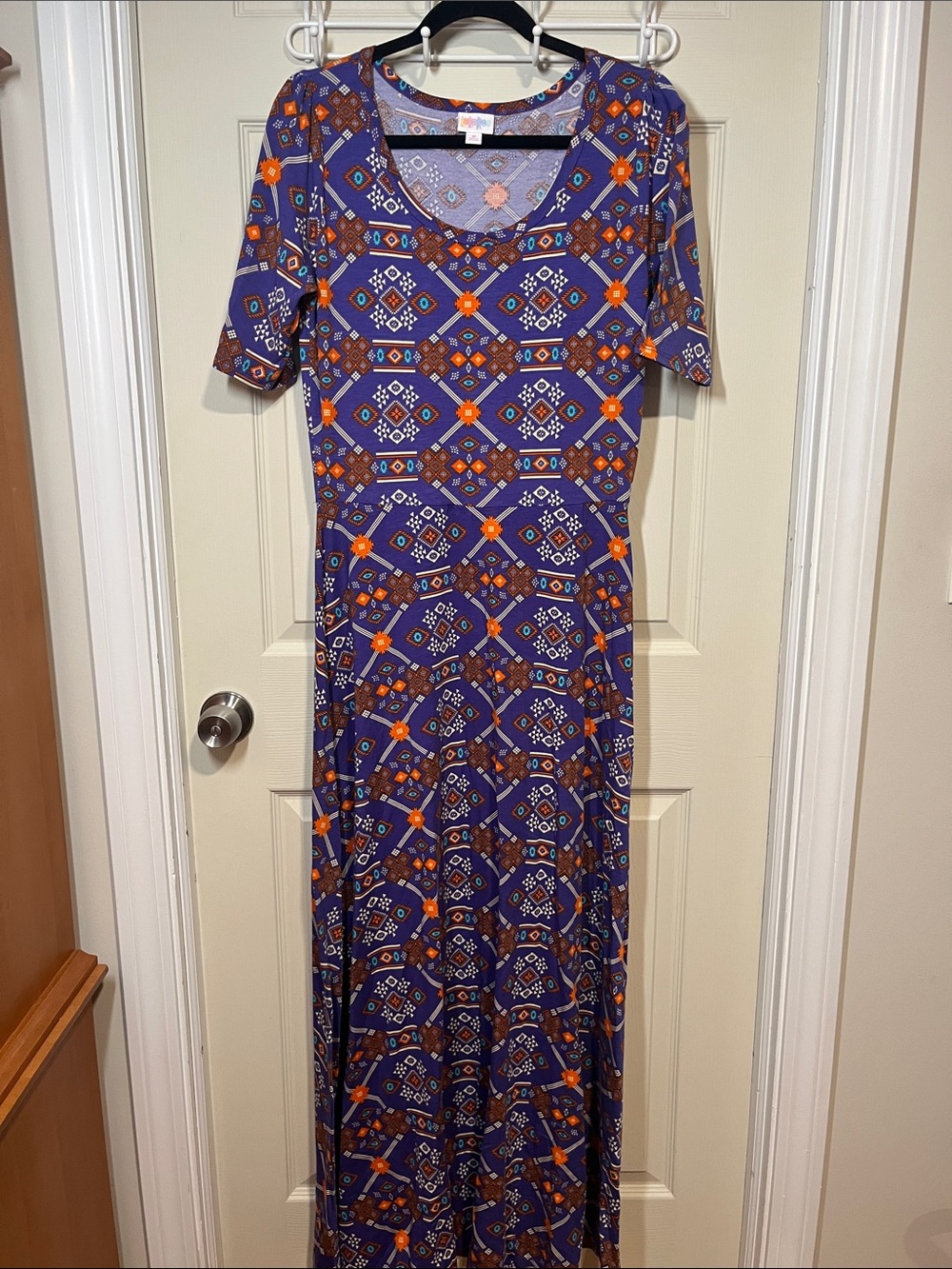 LuLaRoe Purple Maxi Dress with Orange and Brown Geometric Print